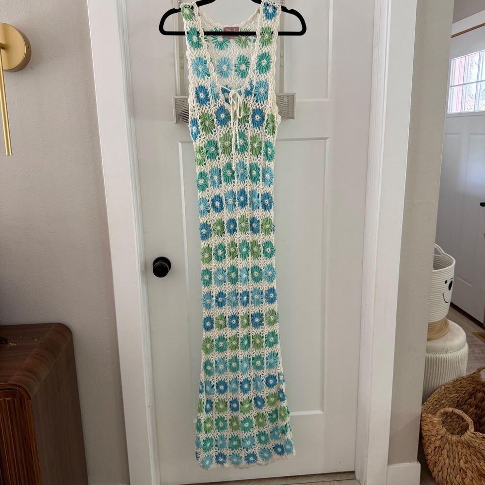 Show Me Your Mumu Vacay Tank Coverup Floral Crochet Maxi Dress Blue Grn XS Boho